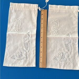 2 White Embroidered Drawstring Wine Bags